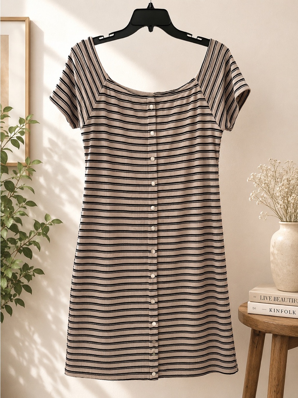 Say What? Y2K Taupe and Black Striped Button-Front Midi Dress